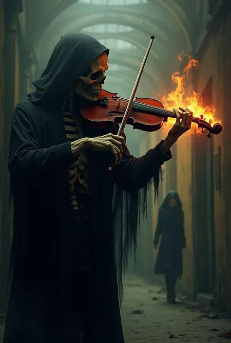 A skull look as villain are playing a violin with fire.
A girl leaving him & never 