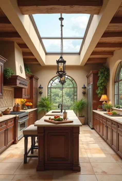 Mediterranean style kitchen with an island and a skylight in the center of the kitchen