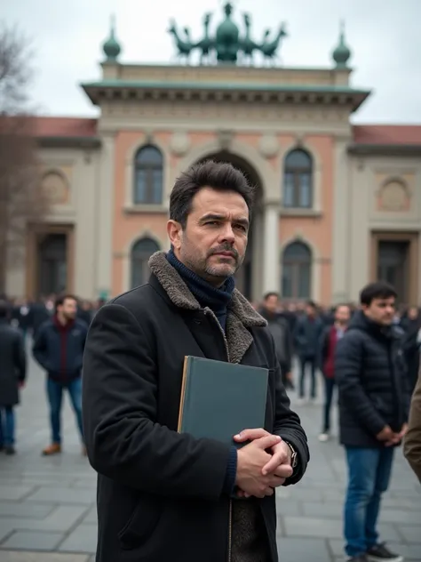 In front of the gate of Ankara University of Science, a middle-aged ,  Medium height , brunette , black hair, revolutionary scientist in love with science is standing with a book in his hand and there are many people around him. The people should be visibl...