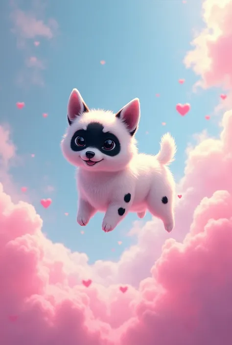 Create an image of a dog 
In the sky amidst the pink clouds this dog has a black face ,And the body is all white with some black spots 

