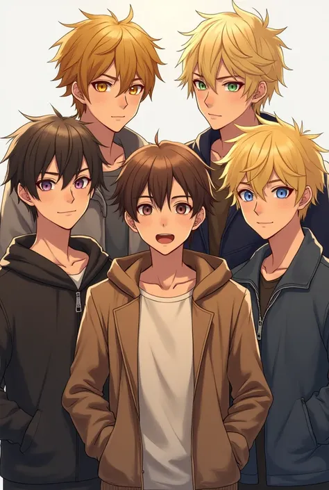 5 boys , 2 blond, + 1 blond who is a bit oaker and more muscular, +1 who is blond and smaller and more feminine ,  and 1 who is average and brown-haired 