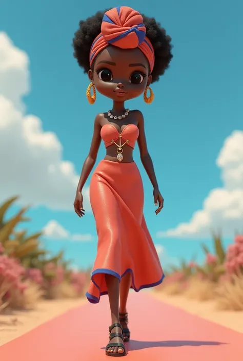  Create a Black Woman's Funko Pop, skinny sculptural body ,  short curly black hair , curly black hair with colored turban .  fashion show wearing a long African-style dress in coral color black and blue, a black African style sandal for women .  Funk must...