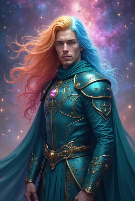 a man with rainbow colored hair and detailed teal dress armor, standing, rainbow colored cosmic nebula background, stars, galaxies, intricate details, perfect face