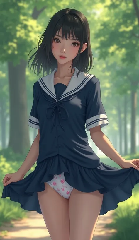 Asian high school student in school uniform ,  in a park,  by lifting her navy blue skirt himself, revealing her white panties, White panties with pale pink patterns  ,en regardant l'utilisateur,