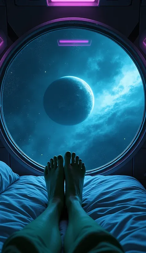 A first-person perspective of an alien waking up inside a dimly lit spacecraft. The viewer’s green-skinned, three-toed feet rest on a sleek, metallic bed with a glowing surface. The room is illuminated by soft blue and purple neon lights. Outside the panor...