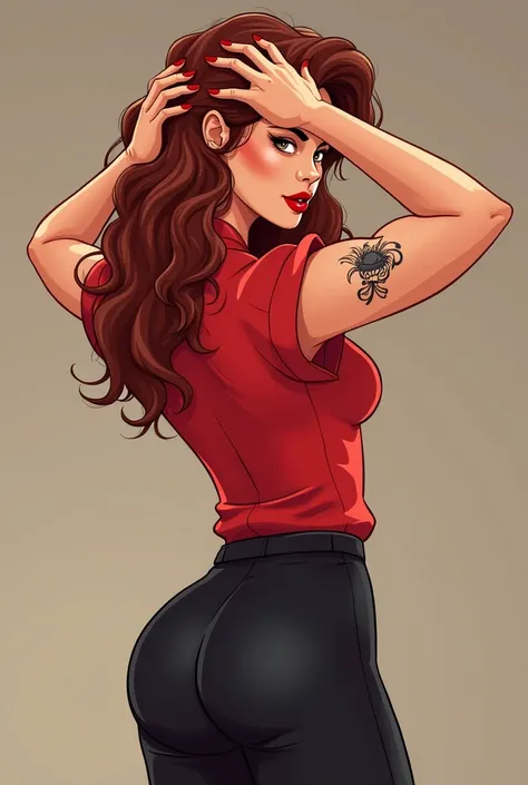 create an image of a muscular light brunette woman, Make up with red lipstick ,  Red Curly Hair , with both hands on her head wearing a red blouse and black pants with a tattoo on the right biceps in cartoon style seen from profile 