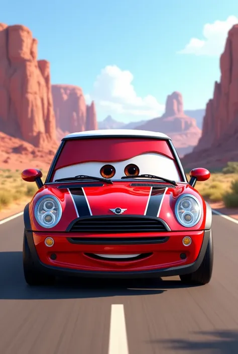 A 2006 year mini Cooper r50 red, white roof, black stripes on the hood cars movie, cars movie disnay