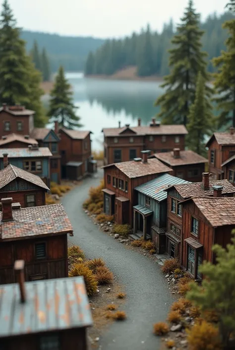  Model of an industrial neighborhood made with medicine boxes,  Eva's asphalt , Eva's lake ,  toothpick poles ,  roofs and chimneys  