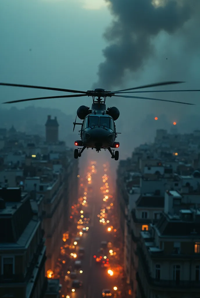  Realistic image,  photography, cinematografia, aesthetics. atención al detailed,  detailed image,  tense environment , peligroso, burning,  elegant.  cinematic style.  Diagonal focus , view from the helicopter .  Impressive and majestic military helicopte...