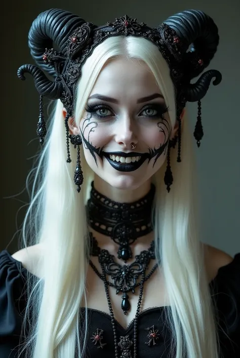  Create a photo of an ethereal-looking woman with a simple yet elegant Gothic aesthetic.  He has long white hair ,  with a smooth style that marks her face .  She wears an elaborate headdress that combines dark metallic details , hanging chains ,  ornament...