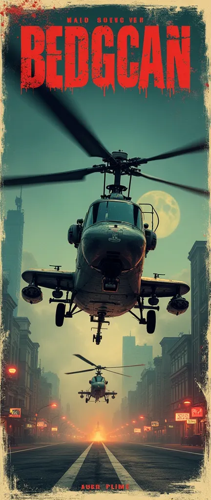 70s grindhouse style poster with a helicopter, no soldiers 