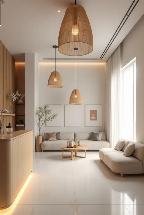  Description of the Interior of the Premises
Style : minimalist,  sophisticated and cozy .
COLORS: white, light gray,  beige and natural wood .
 Distribution and key elements :

 Reception Area :

 A light wood reception table with a modern design .

 Bamb...