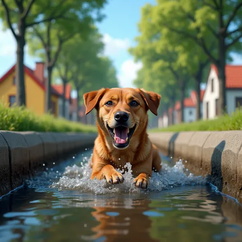 "A  brown dog struggles in a narrow drain at the roadside of a quiet rural town. Its body is half-submerged in water, front paws trying to climb up but slipping. The dog's eyes are wide with fear, mouth open as it cries for help. The background features a ...