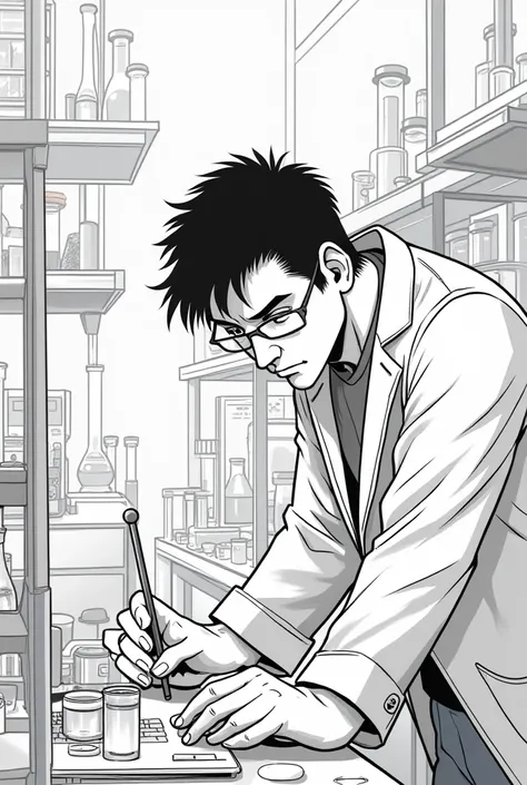 A hopeful scene where Haroon is in the lab, focusing on his research. His expression is determined, showing that he’s moving forward.
.in manga style black and white 