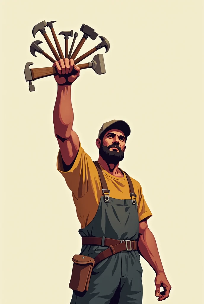 "An animated worker's one hand and the tools he works with are in his firm grip."
He is holding it up high in his hand." Representing may day
