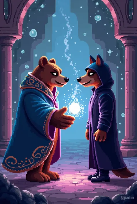 Bear named Beary has an academy of magic suit against a brown bad wolf with a hood and a black suit all in pixels 