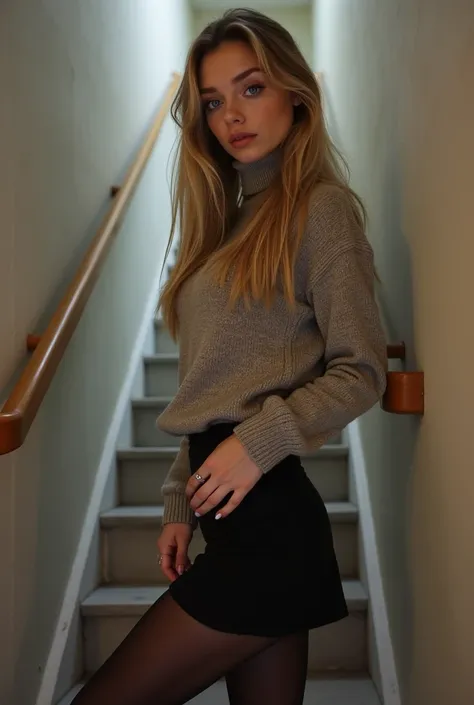 German young girl 18 years old, 173 cm tall , 77 kg heavy,   long dark blonde hair ,  blue eyes, very large bust, curves on the hips, done fingernails, Engagement ring ,  wears a wool sweater, Mini drop skirt,  black tights, Sneaker,  is standing in the st...