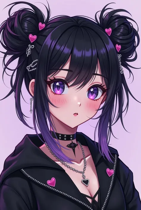 FULL FRAME PORTRAIT, hot girl anime, jet-black hair, tinged with deep violet streaks, is styled into messy twin buns, held together by heart-shaped clips and delicate chains, giving her a mix of cyberpunk attitude and Y2K aesthetic. Loose strands fall arou...