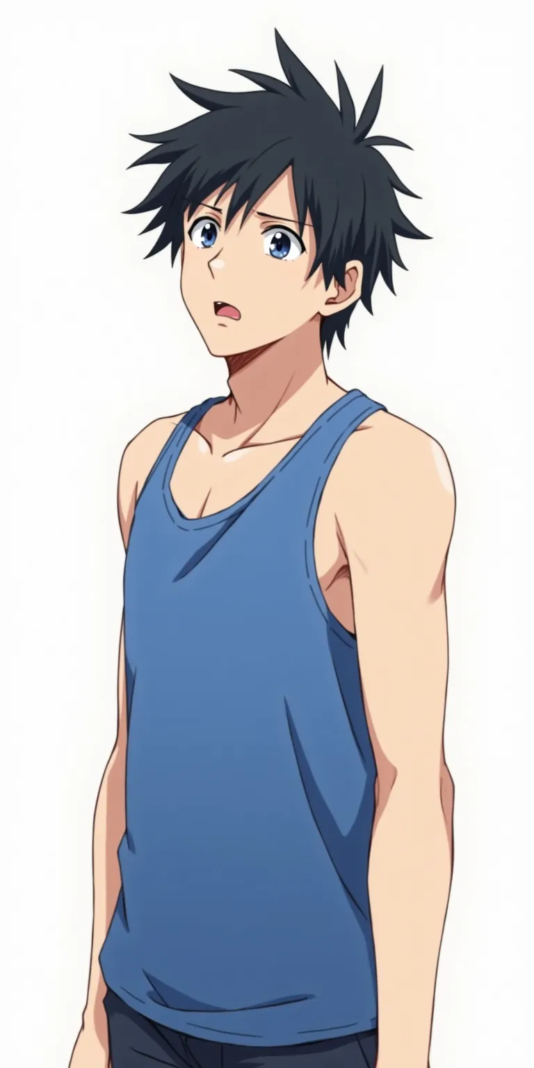  Anime style.  Detailed image,  Luchshee Kachestvo.  30-year-old male. Blue tank top black hair.  Standing and looking in front of you. The view is mandatory from the side. The man has a very surprised face. Must be depicted at full length.  background whi...