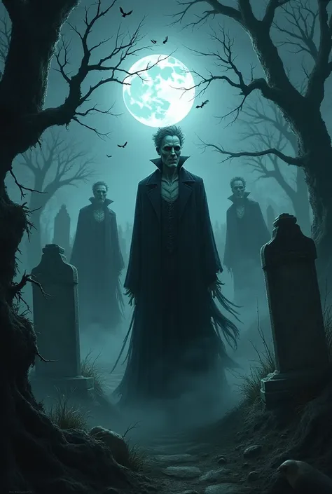 Vampires rise from their graves in a medieval cemetery on a night with a full moon 