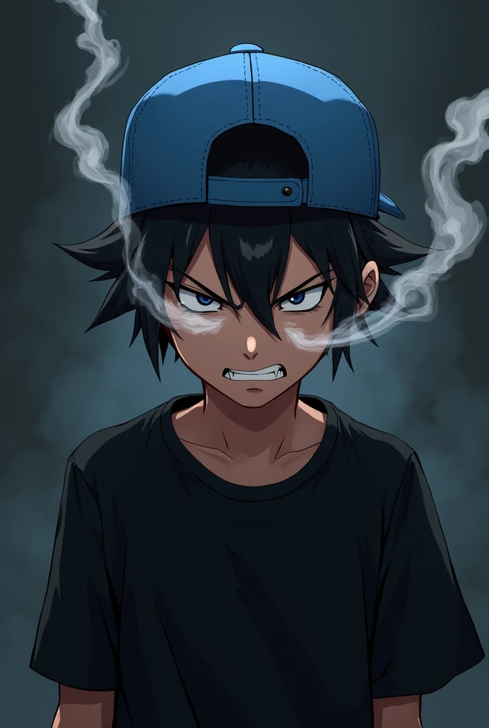 Personagem de anime com boné pra traz  🧢  azul,angry,Smoke coming out of the eyes,Black torso glued 