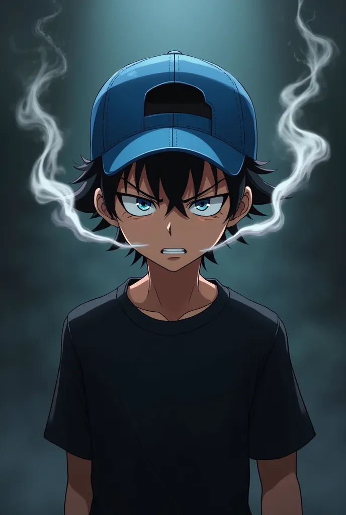 Personagem de anime com boné pra traz  🧢  azul,angry,Smoke coming out of the eyes,Black torso glued 