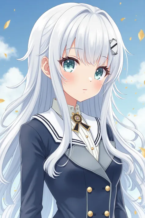  anime style girl。long、 has silvery-white wavy hair and ice colored eyes。, She has whitish skin and is wearing a Shiratorizawa Academy uniform 