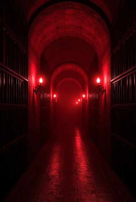  Completely red corridor ,  with black background,  with no one,  with several cell grids on the walls, round ceiling ,  with torches on the walls .