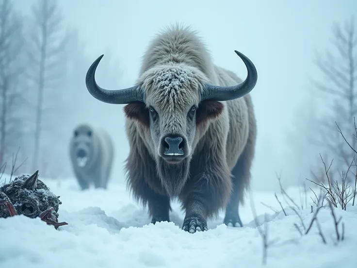 "A primordial musk ox plows through the blizzard-ravaged tundra, its hulking, wool-draped form a moving fortress against the howling maelstrom of ice and wind. The camera angles low, crushed beneath the beast’s glacial advance as it stamps forward, hooves ...