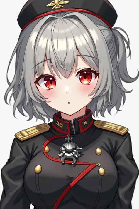  masterpiece,  cute, adorable  girl,  red eyes,  top quality,  girl,  short hair,  medium boobs, Gray Hair,  German military uniform ,