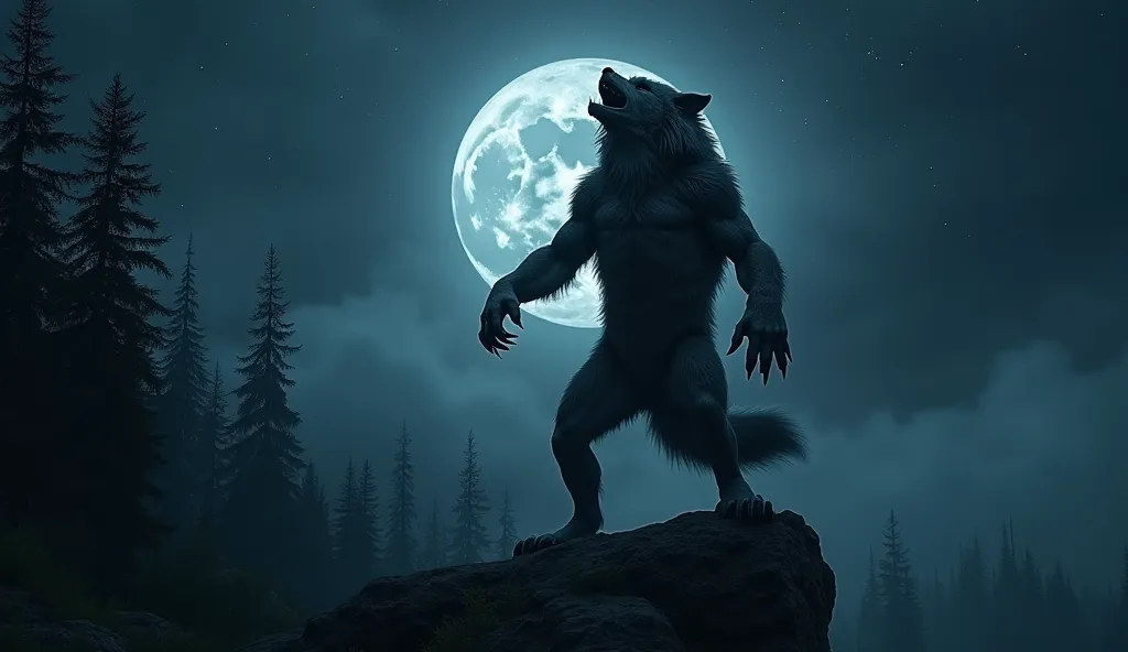 Create a cinematic, top-down perspective image of a werewolf standing upright on its hind legs, its humanoid body muscular and covered in thick, detailed fur. The werewolf is howling powerfully at a full moon, its head tilted back, jaws wide open, and claw...