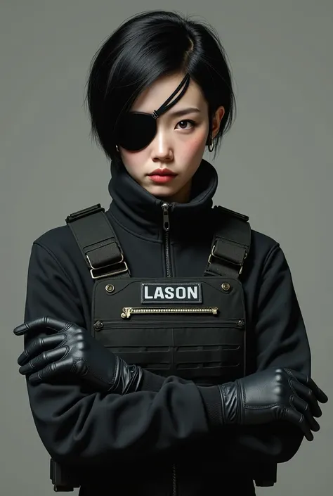 japanese-american female,black crew short hair cut,black eyepatch that covers her right eye,black zip-up pullover,bulletproof plate carrier vest,black gloves,arm crossing,potrait,The Division style