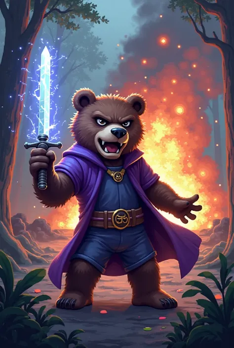 Angry, sword-wielding boy bear named Beary has a purple magic academy suit with a magic wand ,The haunted school exploding in the forest all pixels  