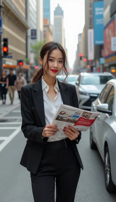 MODEL WOMAN HANDING OUT FLYERS AT TRAFFIC LIGHTS