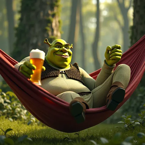 Shrek chillin in hammock with a beer