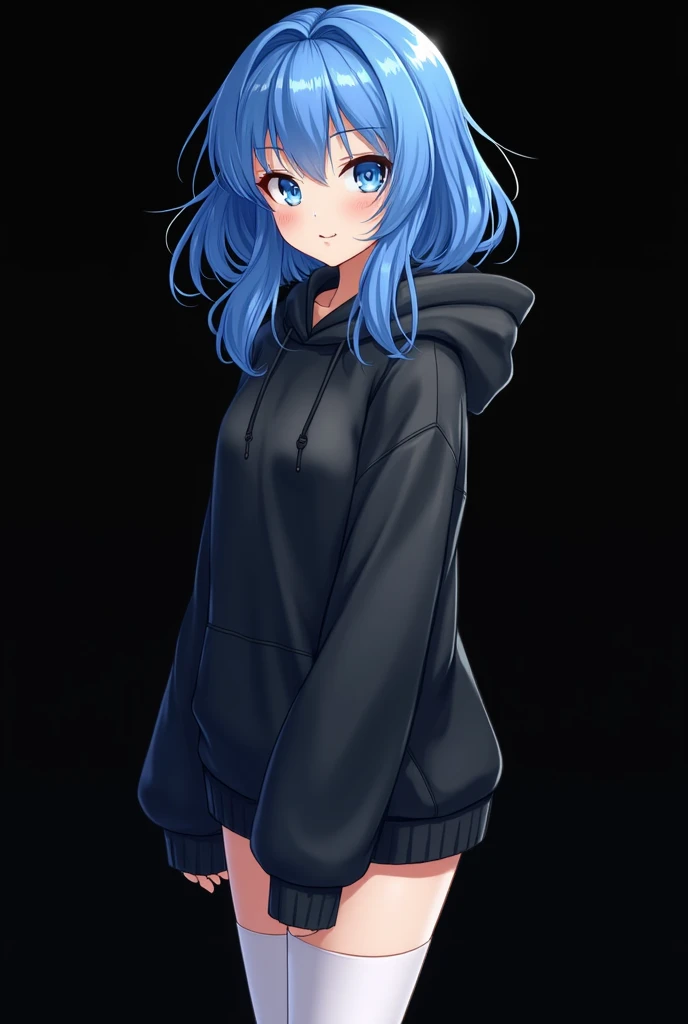 Create a female anime character .  With very big blue hair,  with blue eyes ,  a tall black hoodie with sleeves  ,  one with a white stocking and a black background
