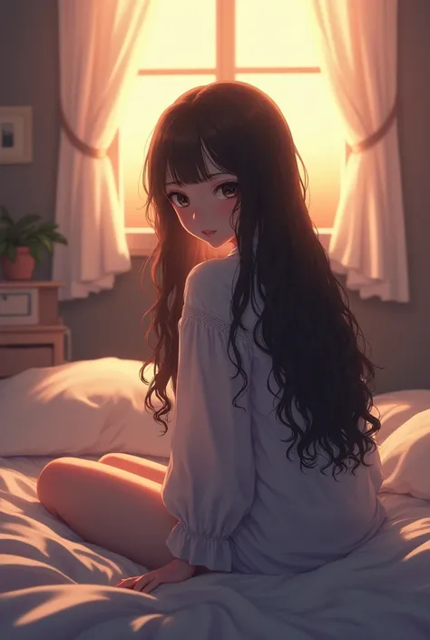  a small girl,anime, tender,  schoolgirl, long curly dark hair,  black eyes,  sitting on the bed,  in her room,  sunrise,4k