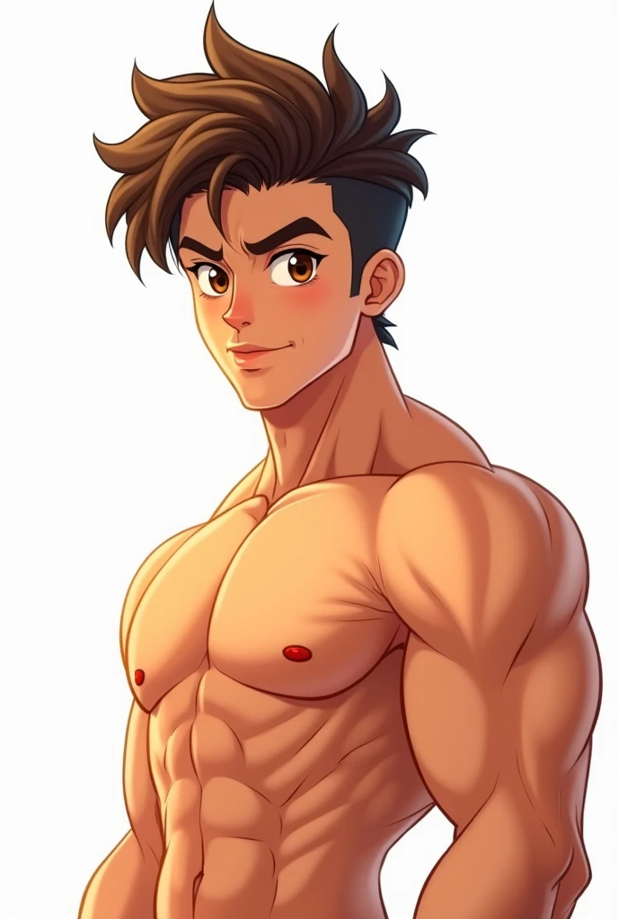  Create the image of a 17-year-old teenager man with brown eyes and hair he is very strong and defined ,  create in an animated style focusing on the character and leaving the background of the image white  , ele deve aparecer do ombro para cima  unclothed...