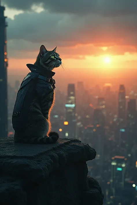 The title of the scene is : "In a moment of victory, the leader "

 the place : . An advanced city, technologically and humanely, full of life and activity .

. The scene begins with the dawn of a new day, and the sky is covered with dark clouds . , cats, ...