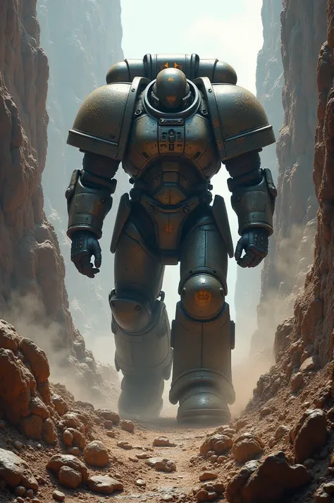 A Space Marine walking through a gorge leaving death and destruction behind him 