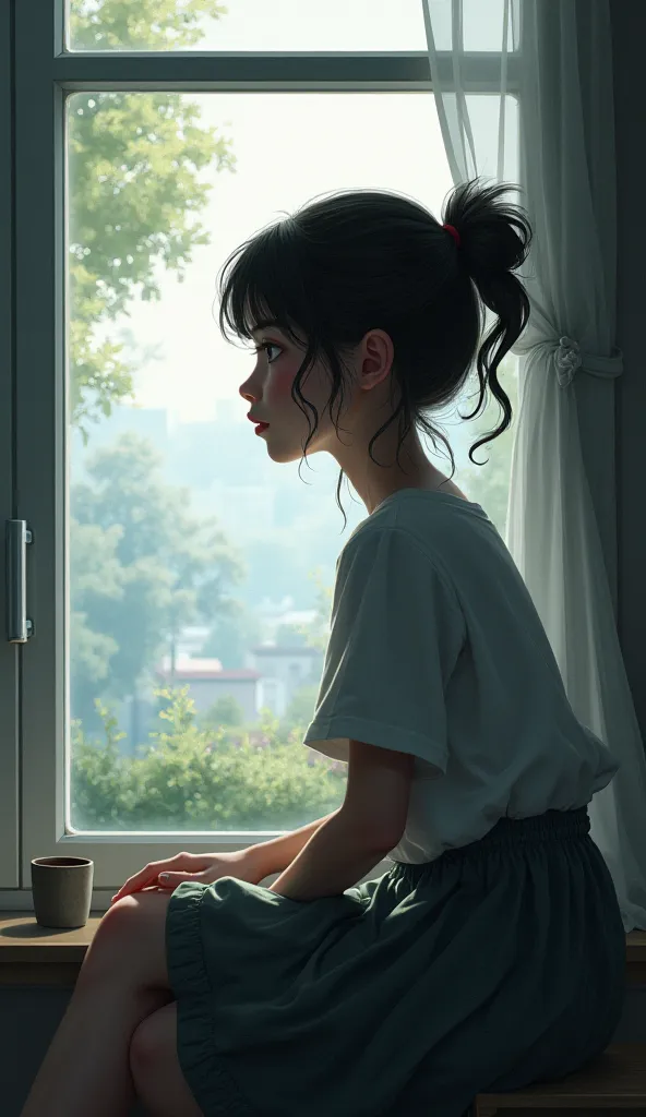 A girl thinking in a window wearing normal dress
