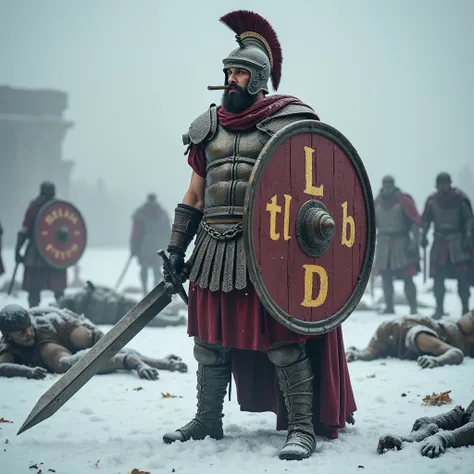 Roman Guardian, standing in the snowy arena with dead zombies laying on the ground, he's holding a shield from Bread in the left hand and in the right hand he's holding a gladius sword. In the middle of the shield is written tLb. On his chest armor he have...