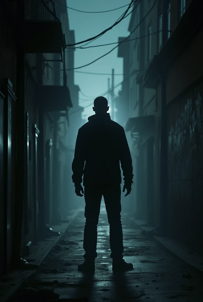 Man at dark alleyway at night turned around