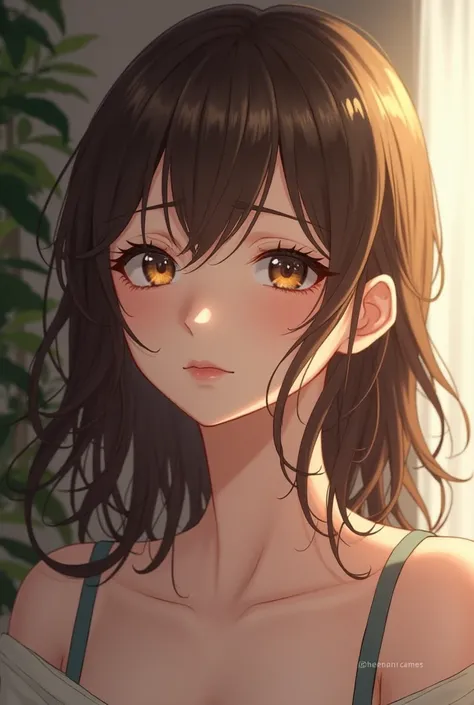 Create my realistic anime character: white brown eyes and brown hair. 
