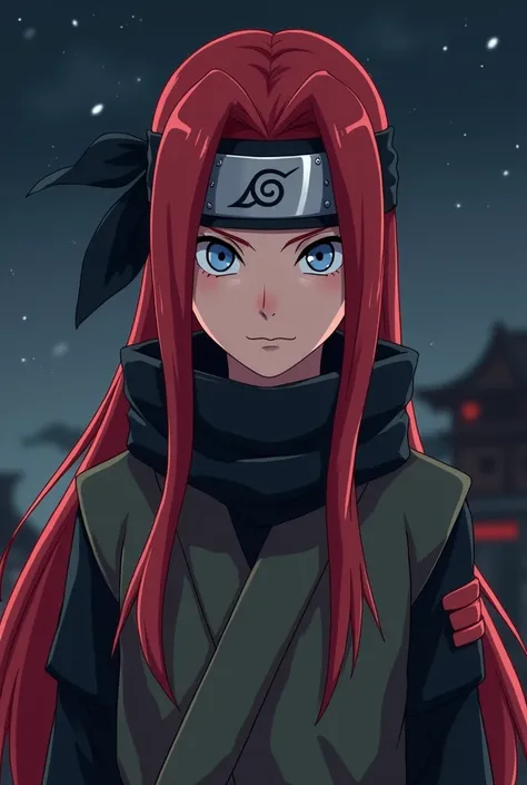  Draw a young ninja from Konoha in the animation style of Naruto Shippuden ,  with long straight red hair ,  big blue eyes , dark and simple ninja clothing , and a serious look .  Tie a Konoha bandana to her forehead and gives her face an intense and calm ...