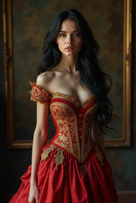  A young lady in her early 20s,  Spanish,  with long black hair. Wearing antique brothel clothing , red and gold armed skirt and red corset