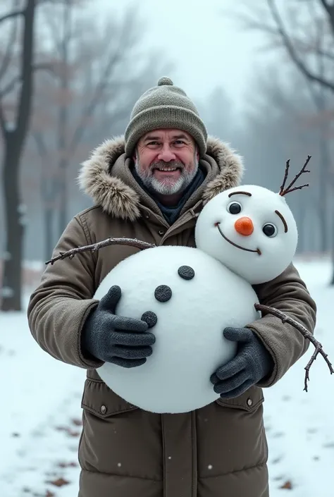 A man carrying a snowman with a realistic style and design similar to the truth