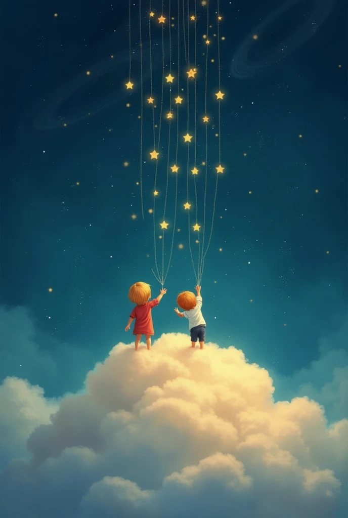 Little s stand on a soft, fluffy cloud, reaching out to catch falling stars. Each star leaves a trail of golden light as it gently floats down. The sky is a deep blue with swirling galaxies in the distance.