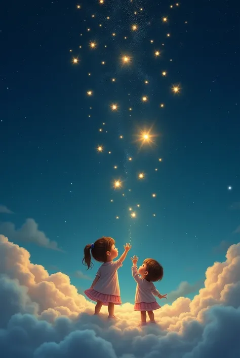 Little s stand on a soft, fluffy cloud, reaching out to catch falling stars. Each star leaves a trail of golden light as it gently floats down. The sky is a deep blue with swirling galaxies in the distance.