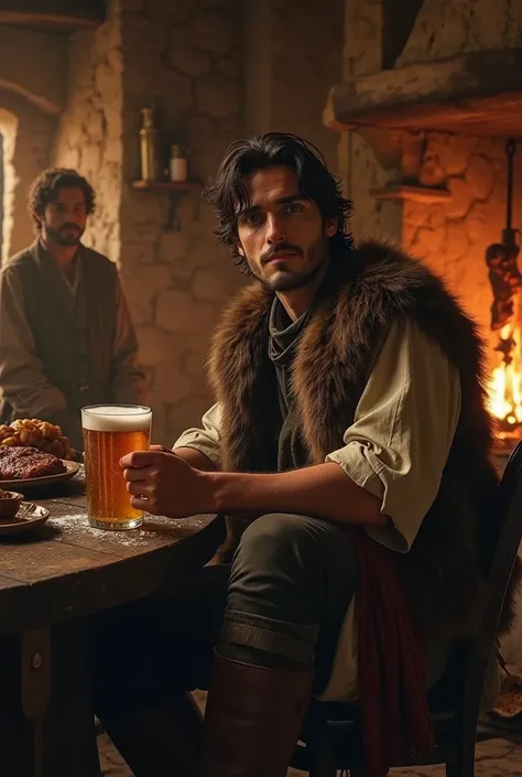 medieval Tired traveler, young man in a fur vest and boots, dark,  medium length hair,  TIRED LOOK, relaxing in a medieval tavern,  holds a mug of beer , meat is roasted on a spit behind your back in the hearth